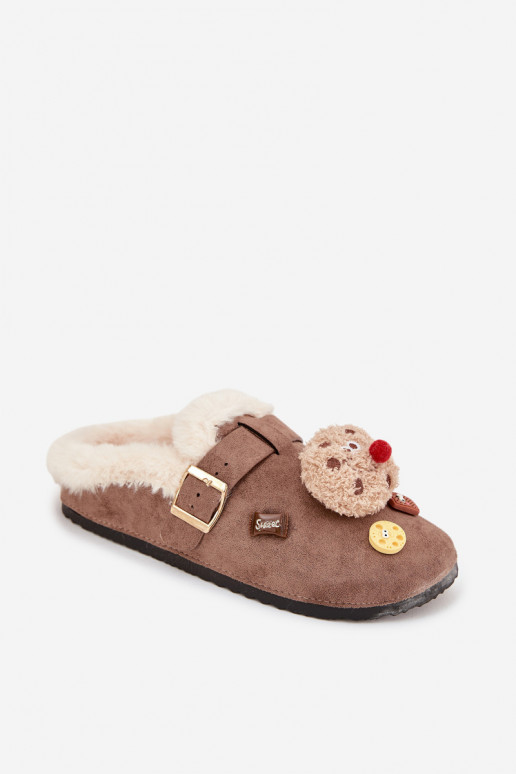 Slippers Dames met mooie details I met gespen opInarmen met bont erin bruine kleur Thalora