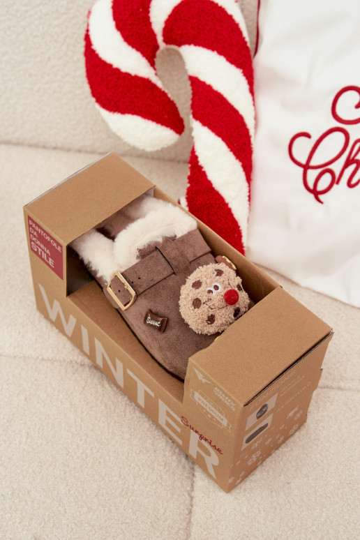 Hausschuhe Feminin mit schönen Details I mit Schnallen sich Zuarm laufen mit Fell innen braune Farbe Thalora