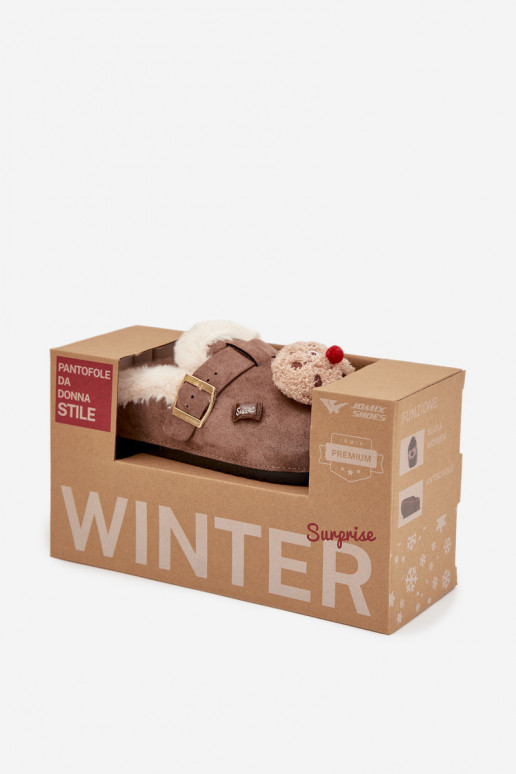 Slippers Dames met mooie details I met gespen opInarmen met bont erin bruine kleur Thalora