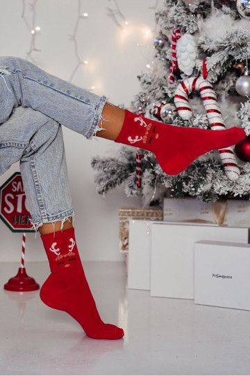 Dames sokken "Kerstmis" met rendieren in rode kleur