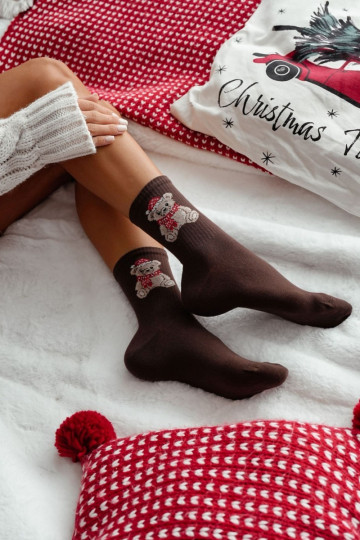Dames kerst sokken met teddyberen "Santa Clause" in chocolade kleur