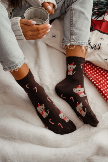 Dames kerstkniekousen met katten, chocoladebruin