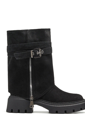 Schwarze Stiefel mit abnehmbarem Schaft und dekorativem Reißverschluss Edna