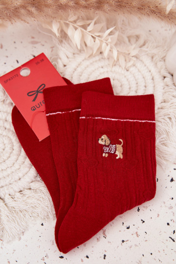 Dames kerstkniekousen met hartjes en een hond in turquoise kleur 2