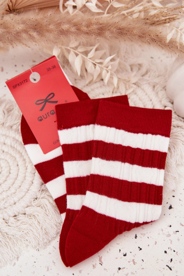 Dames kerstkniekousen met strepen in rood-witte kleur 2