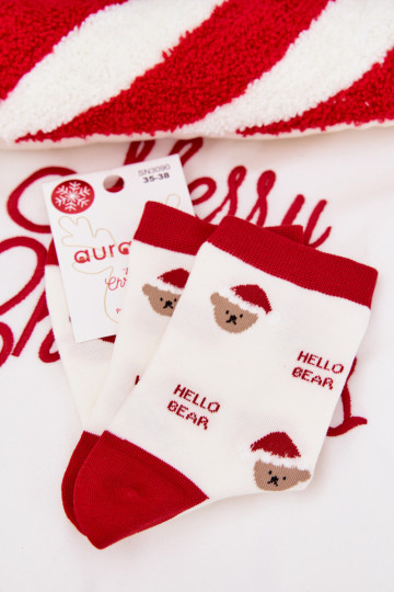 Chaussettes de Noël pour femmes blanches avec oursons et Père Noël 2