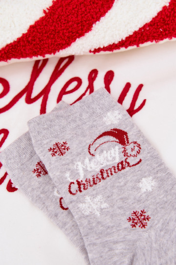 Dames kerstkniekousen met sneeuwvlokken en tekst in grijze kleur