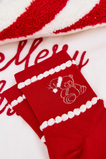 Dames kerstkniekousen met teddyberen en de kerstman in rode kleur