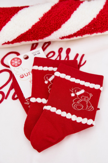 Chaussettes Féminin Noël Nounours Dans la couverture le père Noëla couleur rouge 2