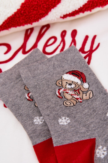 Dames kerstkniekousen met sneeuwvlokken en teddyberen met de kerstman in grijze kleur