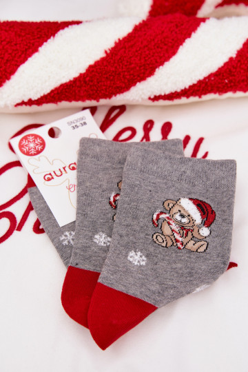 Chaussettes Féminin Noël Flocons de neige Nounours Dans la couverture le père Noëla couleur grise 2