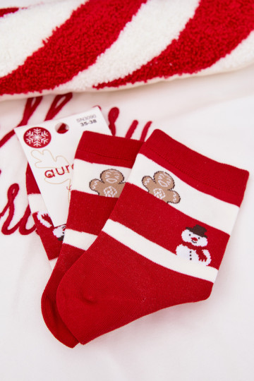 Dames kerstkniekousen met streepjes in rood-witte kleur 2