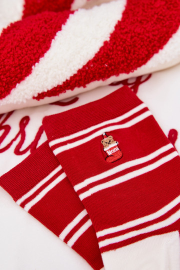 Dames kerstkniekousen met streepjes en teddyberen in rode kleur