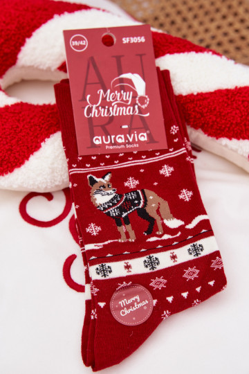 Heren kerstkniekousen met een vos in een trui in rode kleur