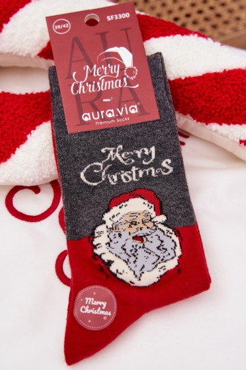 Heren kerstkniekousen met tekst en lachende kerstman in grijze kleur