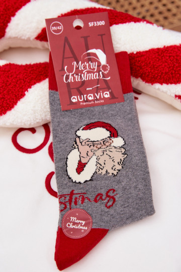 Chaussettes de Noël pour hommes avec inscription et Père Noël, grises