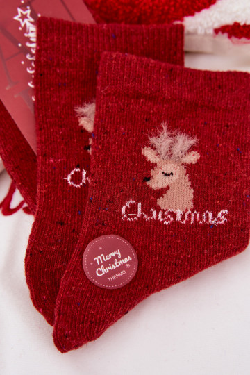 Chaussettes Féminin Noël avec des cerfs DANSełna Alpaga couleur rouge