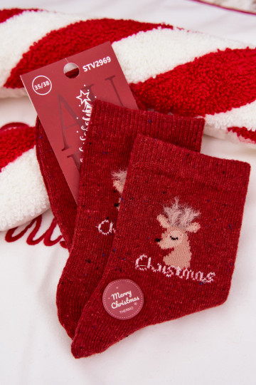 Vrouwelijke kerst sokken met rendieren, wol, rood 2