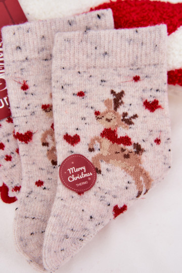 Chaussettes de Noël pour femmes avec des rennes et des cœurs, en laine, grises