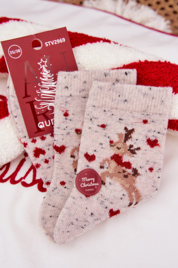 Chaussettes de Noël pour femmes avec des rennes et des cœurs, en laine, grises 2