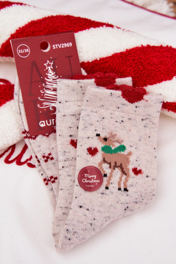 Vrouwelijke kerst sokken met rendieren en hartjes, wol, grijs 2