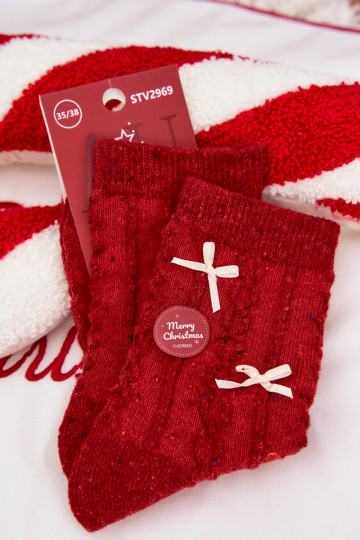 Chaussettes de Noël pour femmes avec des nœuds, en laine, rouges 2