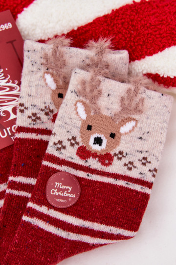 Vrouwelijke kerst sokken met rendieren en streepjes, wol, rood