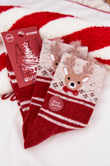 Chaussettes de Noël pour femmes avec des rennes et des rayures, en laine, rouges 2