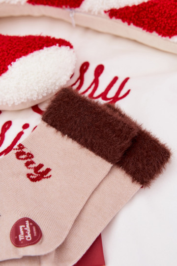 Kindersokken voor kerst met bont en rendieren, wol, zandkleur