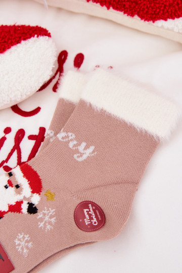 Chaussettes de Noël pour enfants avec de la fourrure et le Père Noël, en laine, beige