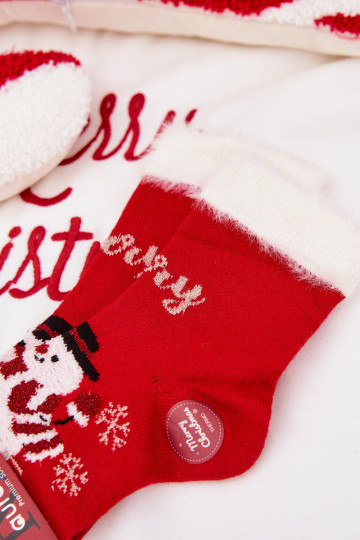 Chaussettes de Noël pour enfants avec de la fourrure et un bonhomme de neige, en laine, rouges