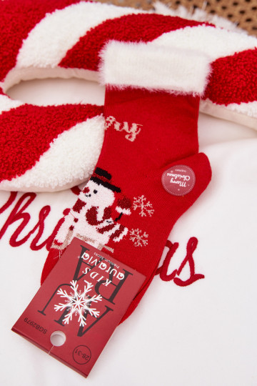 Kindersokken voor kerst met bont en sneeuwman, wol, rood 2