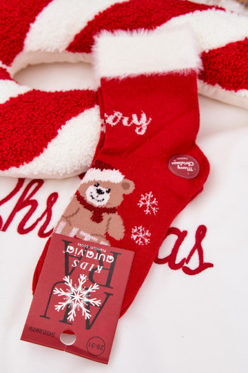 Kindersokken voor kerst met bont en teddyberen, wol, rood 2