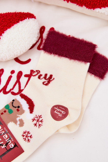 Kindersokken voor kerst met peperkoekman en bont, wol, ivoorkleur