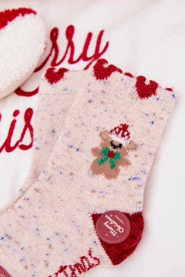 Kind kerst sokken met een teddybeer en hartjes, alpacawol, zandkleur