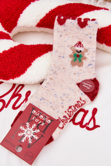 Kind kerst sokken met een teddybeer en hartjes, alpacawol, zandkleur 2