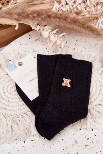Chaussettes en laine pour femmes avec ours en peluche, couleur noire 2