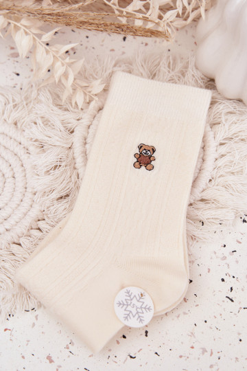 Warme Damen-Wollsocken mit Bärchen, elfenbeinfarben