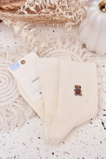 Warme Damen-Wollsocken mit Bärchen, elfenbeinfarben 2