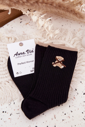 Chaussettes en coton à rayures avec ours couleur noire 2