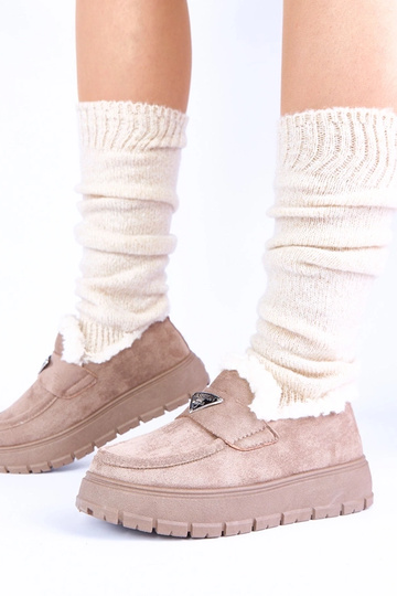 Donkerzandkleurige platform mocassins met bont Kirby 2