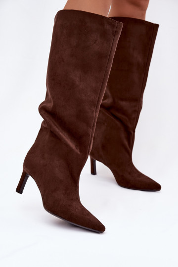 Bottes noires hautes pour femmes en suédine synthétique, à enfiler, avec talons fins, couleur chocolat Phelin 2