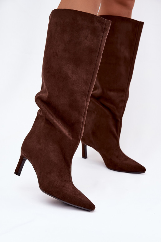 Bottes noires hautes pour femmes en suédine synthétique, à enfiler, avec talons fins, couleur chocolat Phelin
