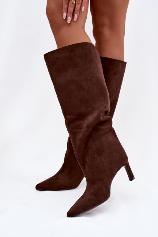 Bottes noires hautes pour femmes en suédine synthétique, à enfiler, avec talons fins, couleur chocolat Phelin