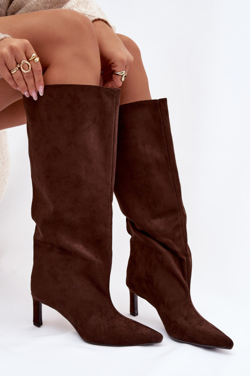 Bottes noires hautes pour femmes en suédine synthétique, à enfiler, avec talons fins, couleur chocolat Phelin