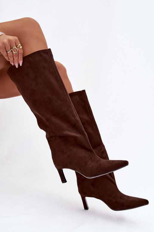 Bottes noires hautes pour femmes en suédine synthétique, à enfiler, avec talons fins, couleur chocolat Phelin