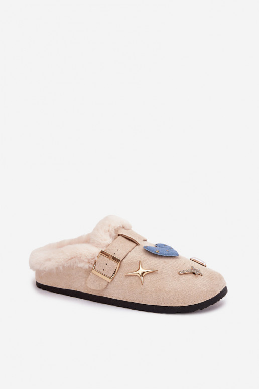 Slippers Dames met mooie details I met gespen opInarmen met bont erin beige Thalora