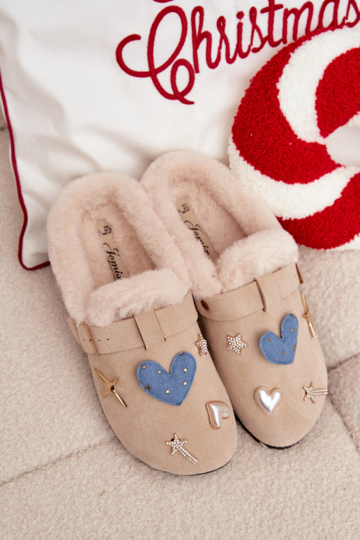 Slippers Dames met mooie details I met gespen opInarmen met bont erin beige Thalora