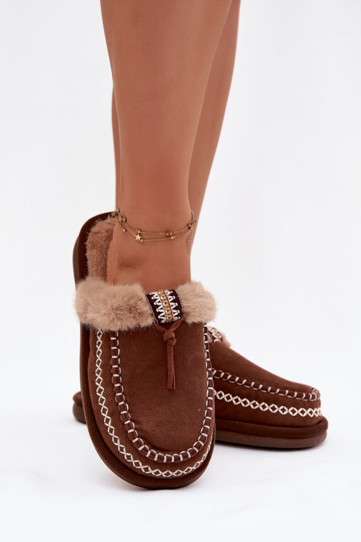 Slippers Dames met bont I Haftem bruine kleur Perivelle