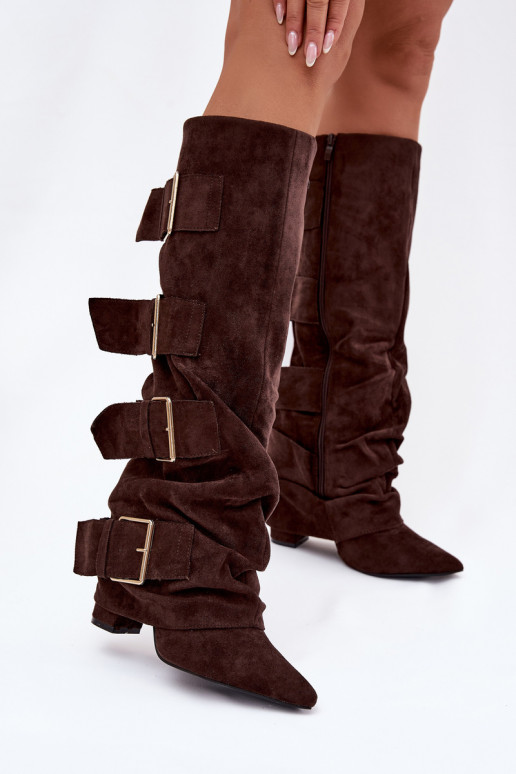 bottes pour femmes avec des talonsDANSyÀiniętą CholeÀką I couleur doréemi avec bouclesmi en daim écologiqueoÀe CzekoladoÀe Isave